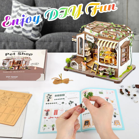 DIY Miniature House Kit, Tiny Pet Shop with Furniture & LED, 3D Dollhouse Building Kit for Adults and Teens