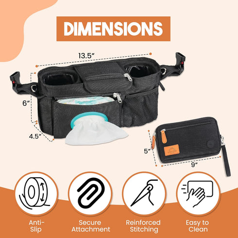 Universal Stroller Organizer with Cup Holder - Baby Caddy Organizer | Stroller Caddy Organizer w/ Anti-Slip Straps