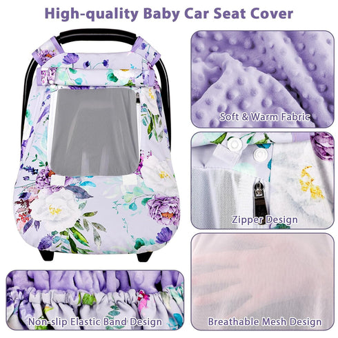 Car Seat Cover Baby Girl, Warm Winter Carseat Cover for Baby, Purple Floral Infant Car Seat Canopy with Peep Window