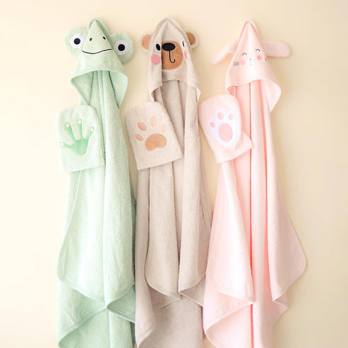 Set 100% (33" 33") CuddleBug Premium Hooded Baby Bath Towel & Washcloth (Bear) - Cotton Terrycloth Hooded Baby Towels