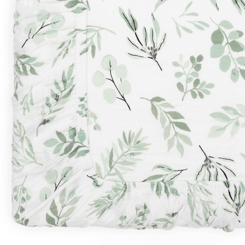 Organic Muslin Changing Pad Cover, Fitted Baby Changing Mat, Soft and Breathable, Eucalyptus Leaves, 16”x32”