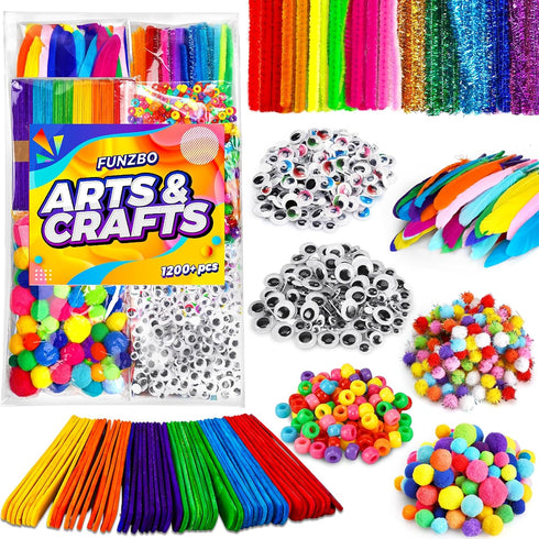 FUNZBO 1200+ Arts & Crafts Supplies for Kids - Craft Kits with Pipe Cleaners, Pom Poms, Popsicle Sticks