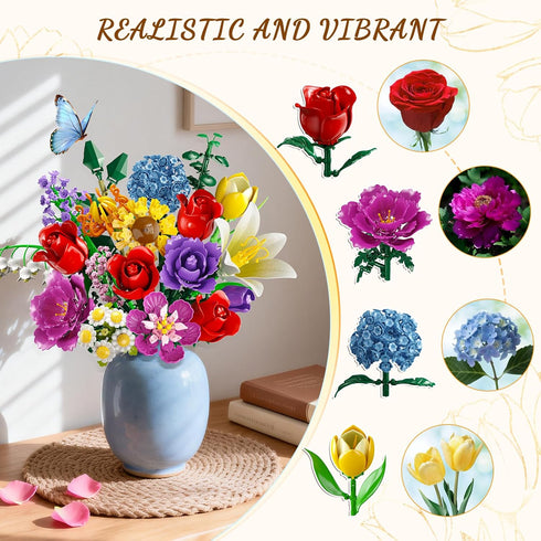 Set, 18 1065 8-12+ PLAXSOON Flower Bouquet Building Flowers Gift for Mothday Day Botanical Collection Building Block