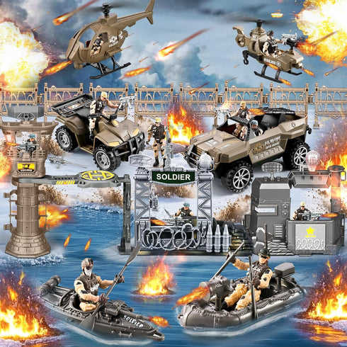 JASSKKBO 88-in-1 Sets 4-7 8-12, Army Men Toys for Boys Military Base/Truck/Helicopter/Kayak Boat/Motorcycle/Army Men
