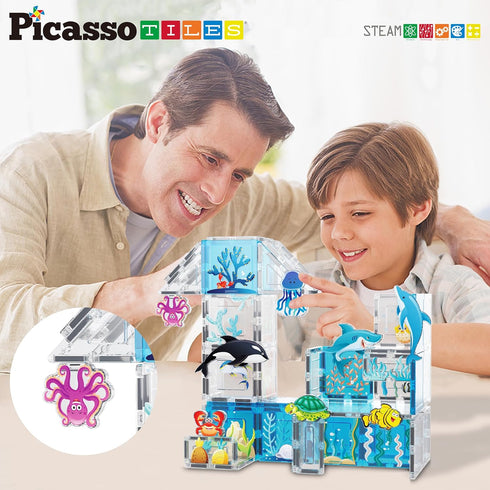 PicassoTiles Magnet Tile Building Blocks, 8 Marine Animal Action Figures Compatible Playset for Kids Toys