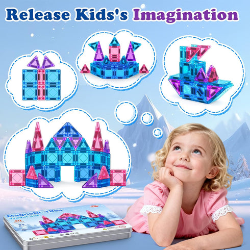 Set 40PCS 3 4-5 6-8, Mini Magnetic Tiles Travel with Iron Box Princess Castle Pretend Girl Play Toys Age Educational