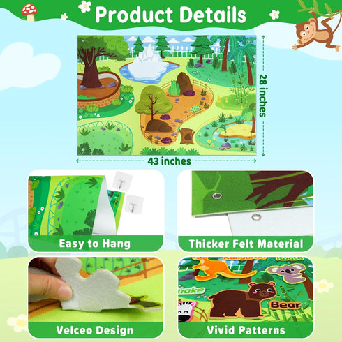 Taika Zoo Animals Felt Story Board Set, 41Pcs Jungle Animals Toys, 43x28 inch Thicker Felt Board, Interactive
