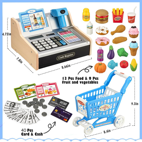 3 4 5 6 7 8 9 3-12 Wooden Cash Register for Kids with Shopping Cart Rechargeable Kid Cash Register with Scanner Gift