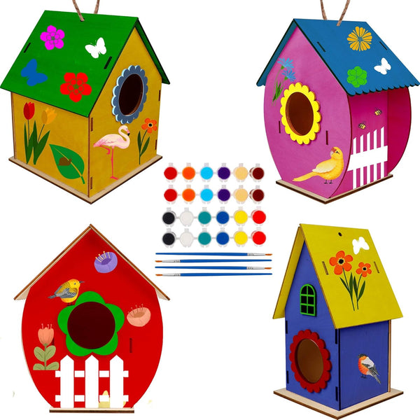 Glintoper Art Craft Wood Toys for Kids - 4 Pack DIY Bird House Kit, Build and Paint Birdhouse with Paints & Brushes