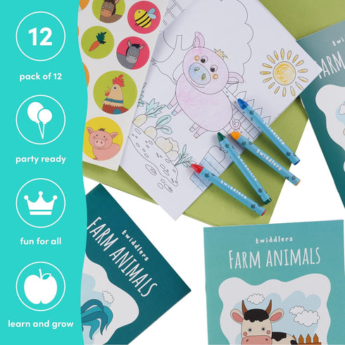 12 Pack 48 216 4-8, THE TWIDDLERS - Bundle Coloring Books with Crayons & Stickers (Farm Animals) - Mini Coloring Books