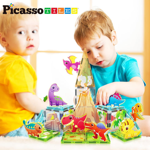 PicassoTiles Magnet Tile Building Blocks Dinosaur World Themed Playset, 8 Animal Character Action Figures for Kids 3+