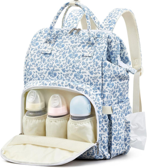 Sunnymove Blue Corduroy Floral Diaper Bag Backpack for Mom Large Capacity Multifunction Travel