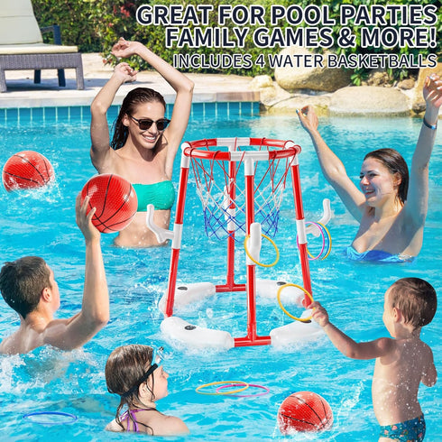 NIPLOOOW 2-in-1 4 Swimming 3-12 Pool Basketball Hoop, Floating Pool Toys Ring Game with Balls and Pump, Outdoor Pool