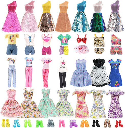25 PCS Doll Clothes for 11.5 Inch Girl Doll, Including 3 Flower Dresses, 2 Sequin Dresses, 3 Casual Wear