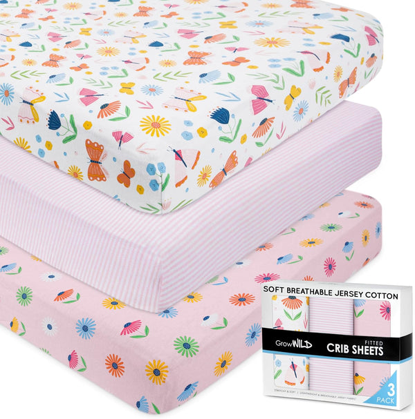 GROW WILD Butterflies & Flowers Fitted Crib Sheets Girl (3 Pack) -