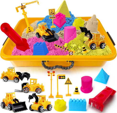 Set 4lbs ESSENSON Sensory Bin - Play Sand Kit with Construction Toy Truck and Magical Sand, Pretend Play Beach Sensory