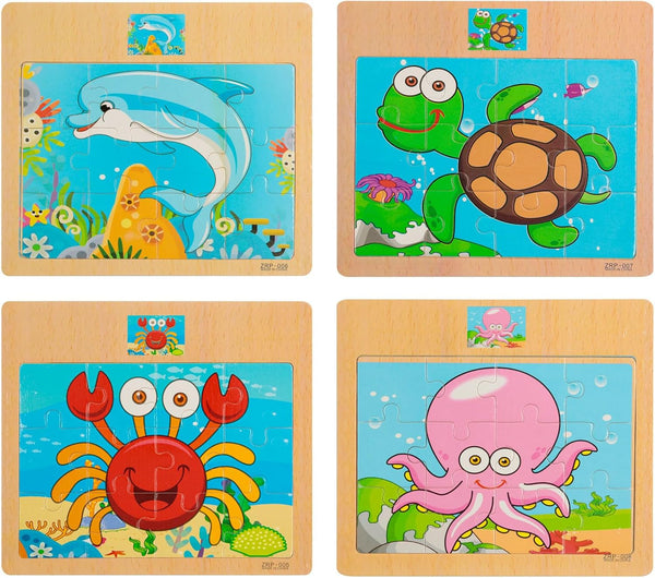 Wooden Jigsaw Puzzles Set - 12 Piece Colorful Educational Sea Animals for Kids 2-5 (4 Puzzles)