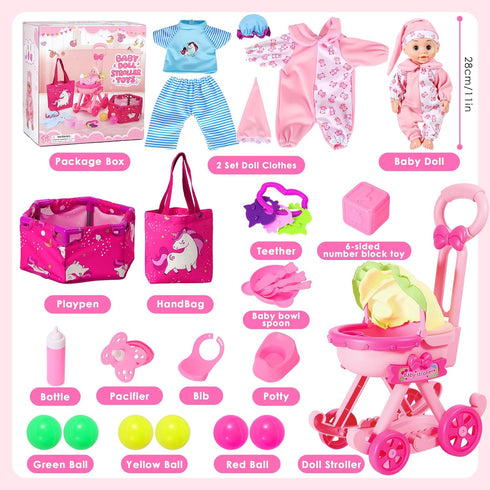 Set, 17 Dolls,2 Sets 3 4 5 HUITEM Baby Doll Stroller Toys PCS Baby Doll Accessories Stroller Toys with Baby Doll