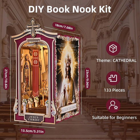 Kit,3D Book Nook DIY Wooden Puzzle with LED Bookend Bookshelf Decoration,Miniature Doll House for Home Decor, Jesus