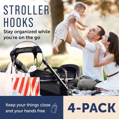 Maplefield Baby Stroller Hooks with Large Carabiner Clip, 4 Pack for Organizing Diaper Bags and Purses