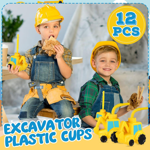 12 Set 10 oz Tanlade Excavator Truck Cups with Straws, Tractor Birthday Party Decorations Plastic Excavator Shape Cup