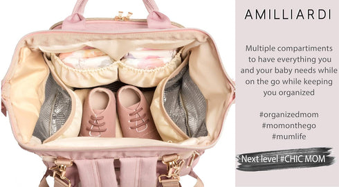 Backpack Diaper Bag Light Pink, Water- Resistant Polyester Baby Bag Detachable Stroller Straps Stylish & Spacious