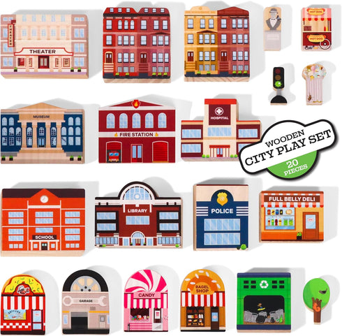20 Pc Wooden City Play Set - Wooden Town Buildings and Street