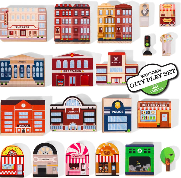 20 Pc Wooden City Play Set - Wooden Town Buildings and Street
