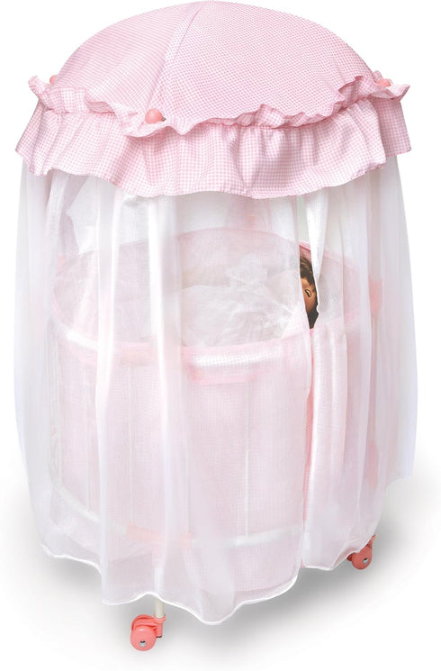 Badger Basket Toy Royal Pavilion Round Doll Bed with Canopy and Bedding for 18 inch Dolls, Pink/White