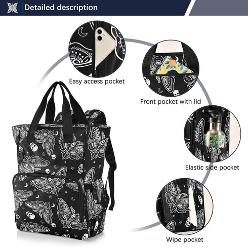 Backpack Backpacks MNSRUU Diaper Bag Moth Skull Moon Esoteric Diaper Bag Multifunction Travel Diaper Bag Tote Large
