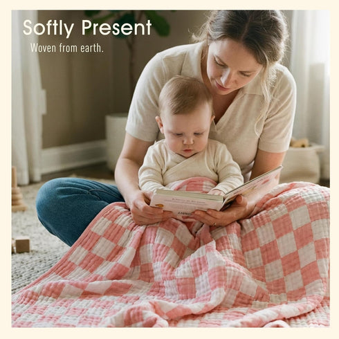 (1-Pack) Ultra-Soft Muslin Baby Blanket - Swaddle & Crib for Girls, Pink Checkered