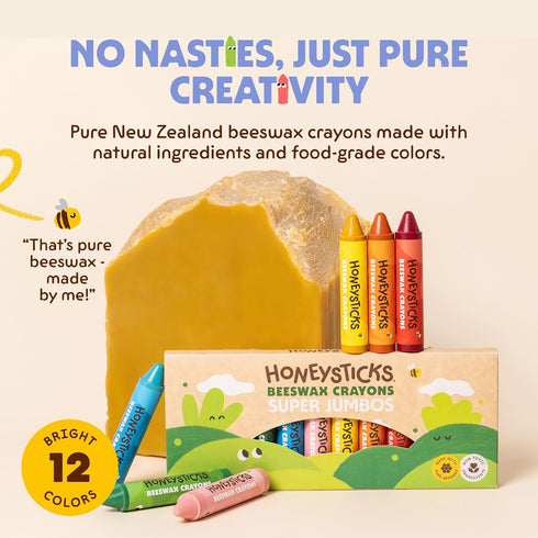 (12 Pack) 100% 1-3, Honeysticks Super Jumbo Crayons - Pure Beeswax, Non Toxic Crayons for Toddlers Extra Large Crayon