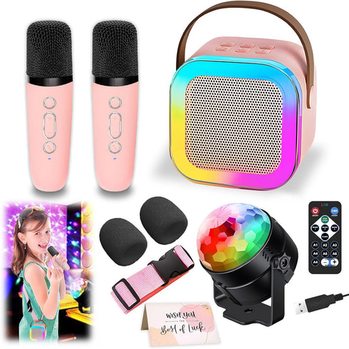 Karaoke Machine for Kids, Portable Bluetooth Speaker with 2 Wireless Microphones, Disco Ball Strobe Lamp for Dance