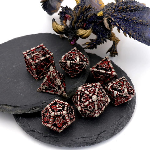 Set,7-Piece 3D Hollow Grim Reaper Metal DND Dice Polyhedral RPG Dice, Hollow Skeleton Design (Blood Red Numbers)