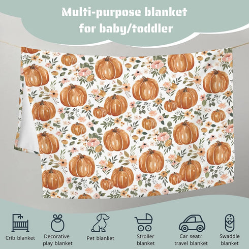 Fall Thanksgiving Pumpkins Floral Baby Blanket, Boho Autumn Holiday Flower Flannel, 30 x 40