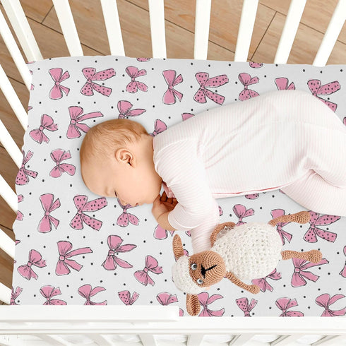 Vdsrup 39 27 5In Crib Sheets for Boys Girl Pink Bows Polka Dots Neutral Mini Crib Mattress Sheets Fitted, Toddler Baby