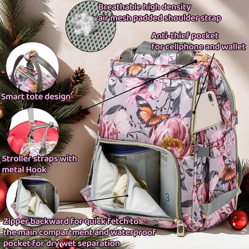 Backpack Backpack Floral Diaper Bag with Coin Bag USB Charging Port Stroller Straps and Insulated Pocket,Travel Nappy
