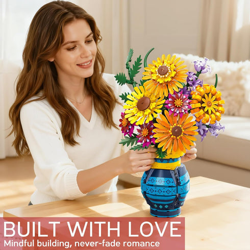Asoulin Set 1065PCS Flower Bouquet Building Blocks with Vase, Mothers Day Mom Grandma Gifts, Artificial Sunflower