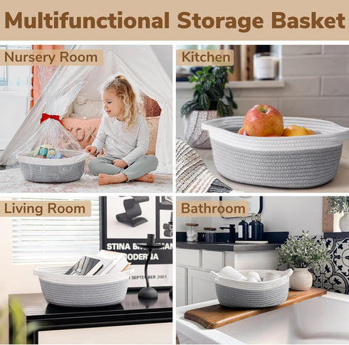 Goodpick Small Woven Storage Basket with Handles, Cotton Rope Baskets for Gifts, Dog Toys, Diapers, Gray, 12" x 8" x 5"