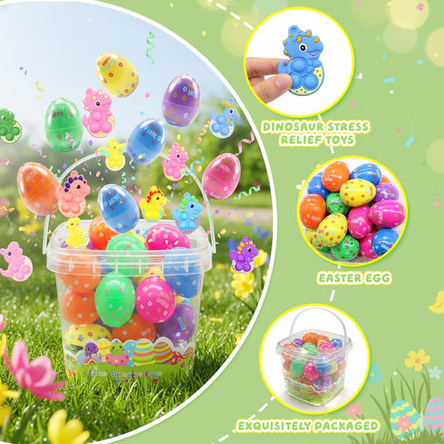 BicMan 36 Pack Prefilled Easter Eggs with Dinosaur Pop Fidget Toys, Easter Egg Hunt Basket Stuffers for Kids, Easter