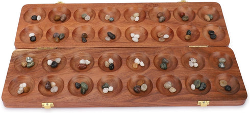 Set Ajuny Wooden Mancala Board Game - Large Folding Board with Multicolor Stones, Ideal for Family Night, Portable