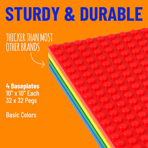 Strictly Briks 4 Pack Classic Baseplates 10x10 in, Stackable Building Plates 100% Compatible with Lego, Basic Colors