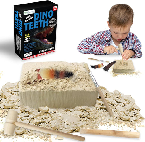 ArtCreativity Dino Teeth Dig and Discover Excavation Kit for Kids with T-rex and Tarbosaurus Fossil Teeth