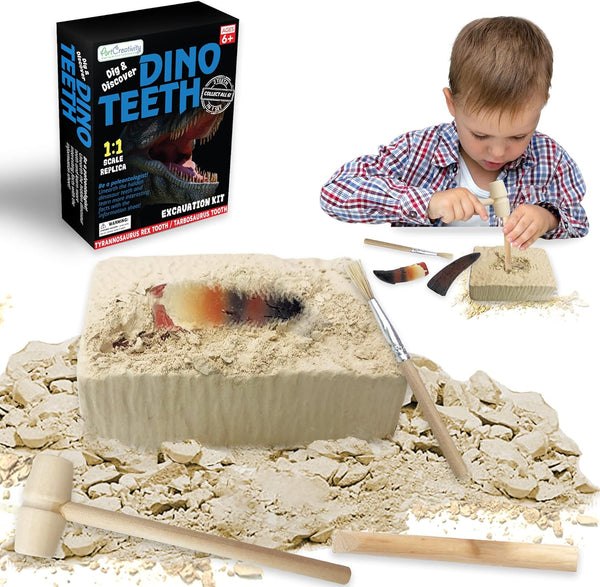 ArtCreativity Dino Teeth Dig and Discover Excavation Kit for Kids with T-rex and Tarbosaurus Fossil Teeth