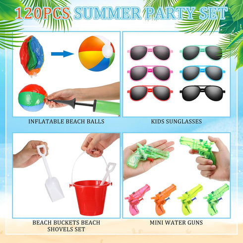 Threan 60 Pcs Pool Beach Party Favors, Beach Balls, Sand Buckets, Shovels, Sunglasses, Water Guns for Kids
