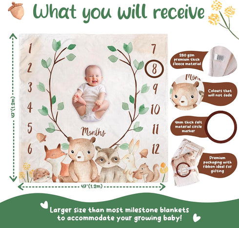 Monthly Baby Milestone Blanket,47"x47" Premium Fleece Baby Monthly Milestone Blanket for Baby Boy or Baby Girl with Felt Marker, Baby Month Milestone Blanket (Woodland Animals) by KooKooBaby