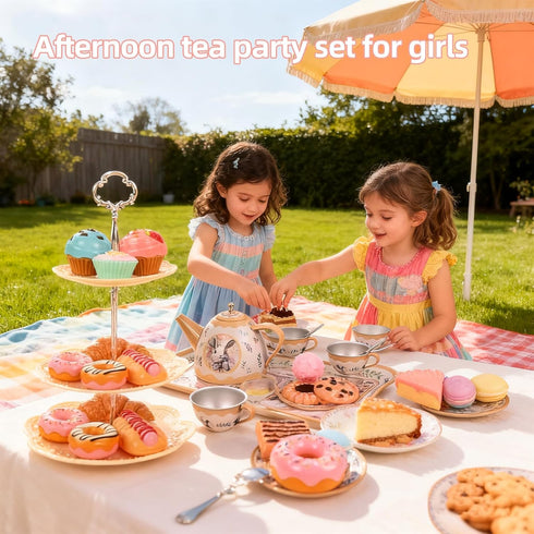 Set Set Playset 3-7 Tea Party for Girl, Tea Time Toys Including Tea Dessert Carrying Case, Kids Picnic Pretend