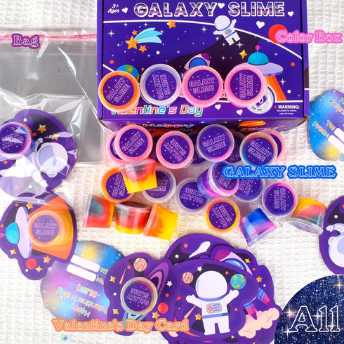 30 Pack tuupowana Valentines Day Gift Cards with Galaxy Slime Stress Relief Fidget Toy for Kids Party Favor, Classroom
