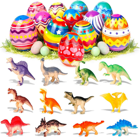 Tinabless Prefilled Easter Eggs with Dinosaur Toys, 12 Pack Easter Eggs for