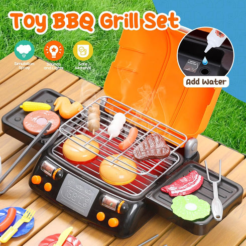 CUTE STONE Cooking Toy BBQ Set, 2-Layer Kids Grill Playset with Play Food and Kitchen Accessories for Toddlers